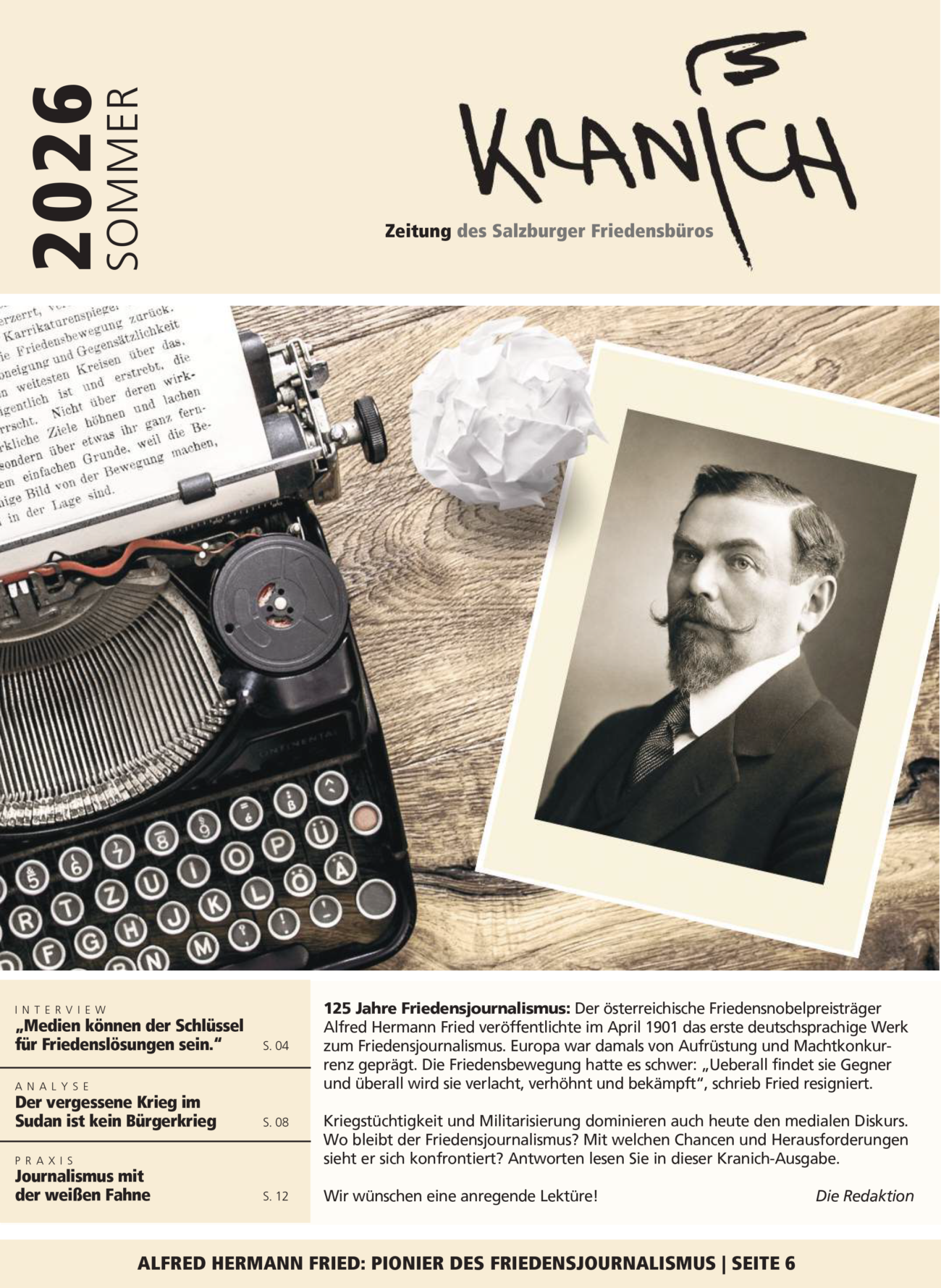 Titelblatt Kranich 02/2026 - 125 Jahre Friedensjournalismus